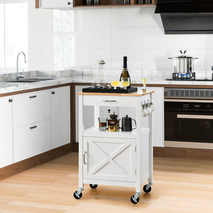 Rolling Kitchen Island Cart with Drawer and Side Hooks, White