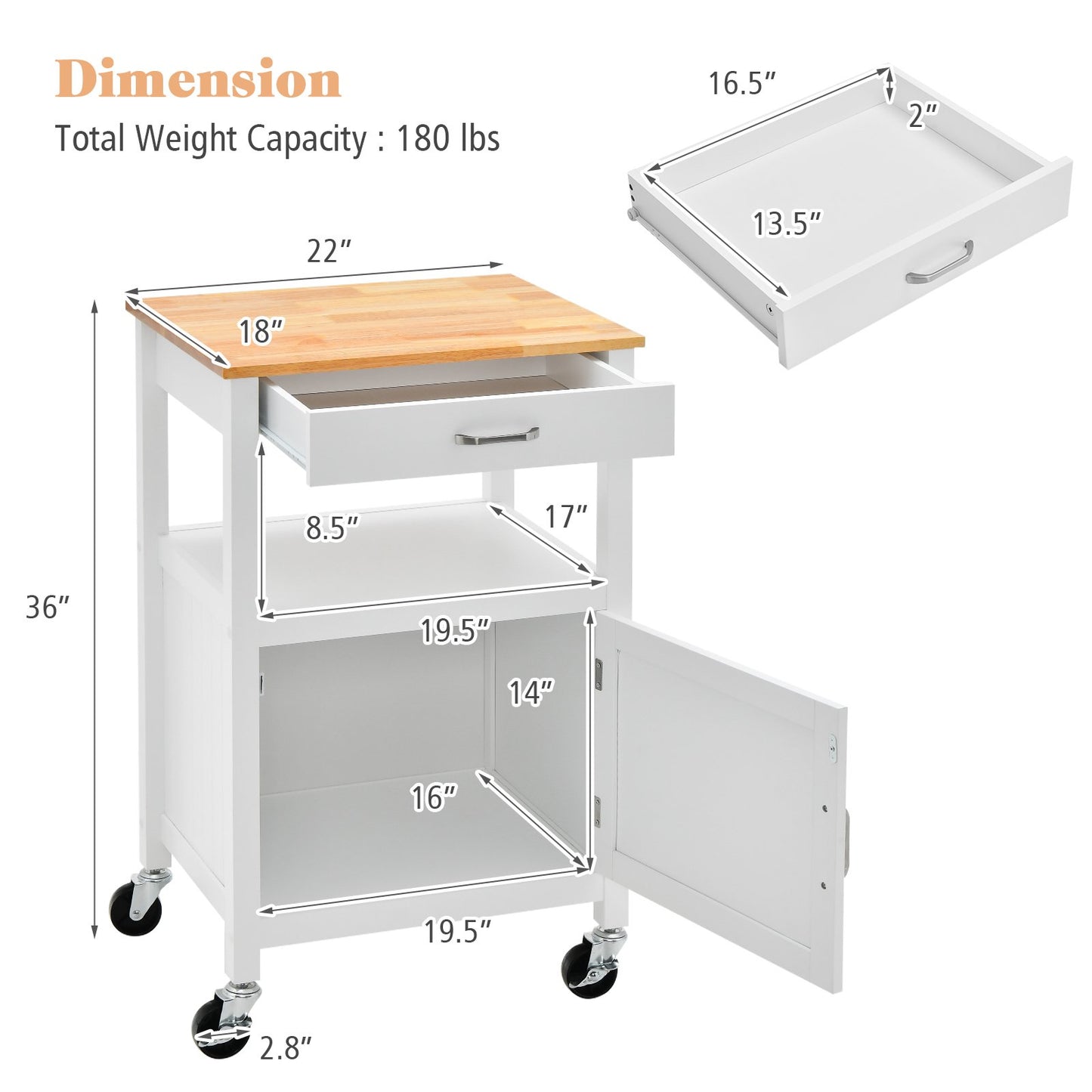 Rolling Kitchen Island Cart with Drawer and Side Hooks, White