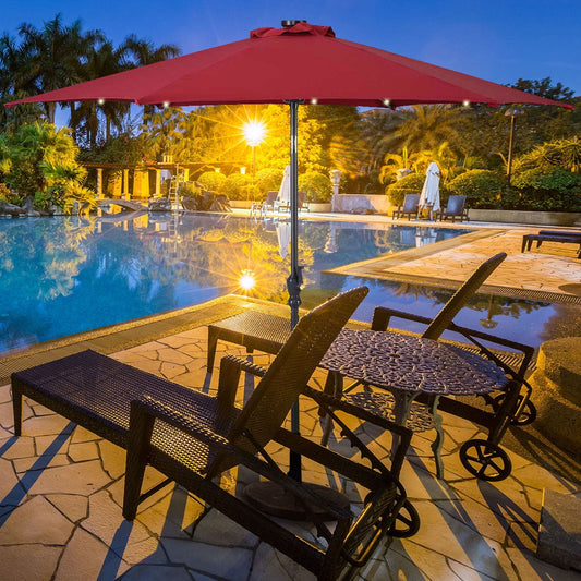 9' Solar LED Patio Market Umbrella, Tilt Crank Lift, Dark Red Outdoor Umbrellas Dark Red at Gallery Canada