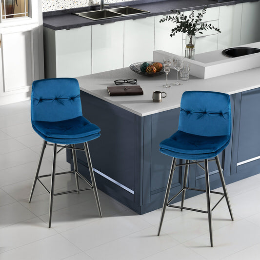 2 Pieces 29 Inch Velvet Bar Stools Set with Tufted Back and Footrests, Blue Bar Stools Blue at Gallery Canada