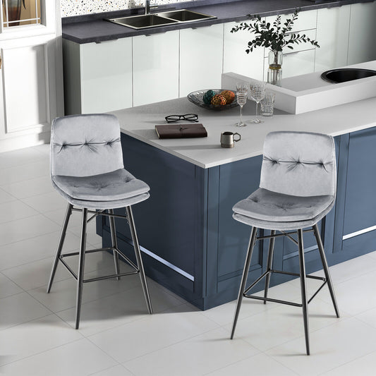 2 Pieces 29 Inch Velvet Bar Stools Set with Tufted Back and Footrests, Gray Bar Stools Gray at Gallery Canada