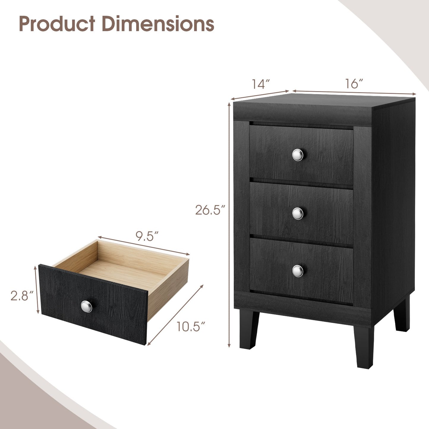 Modern Nightstand with 3 Drawers for Bedroom Living Room, Black