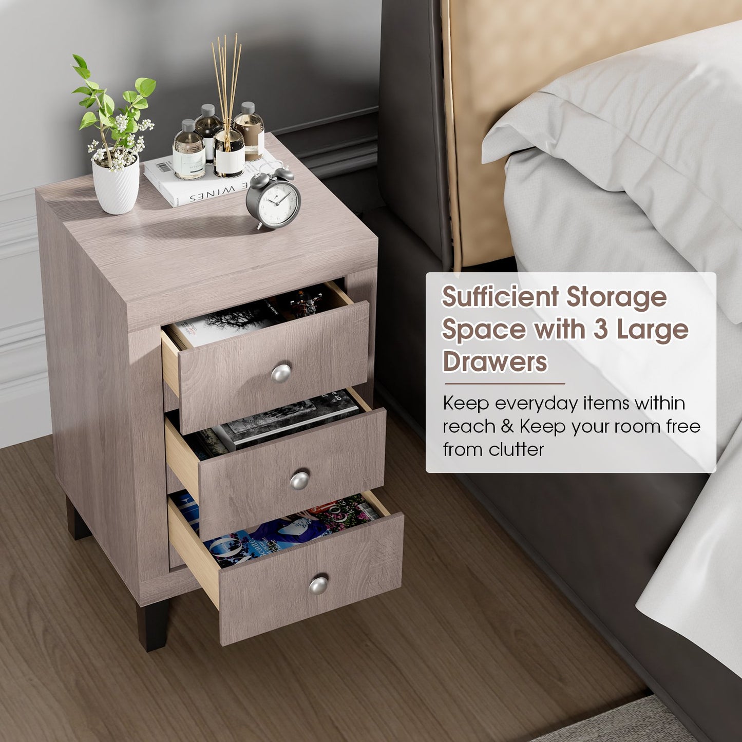 Modern Nightstand with 3 Drawers for Bedroom Living Room, Gray