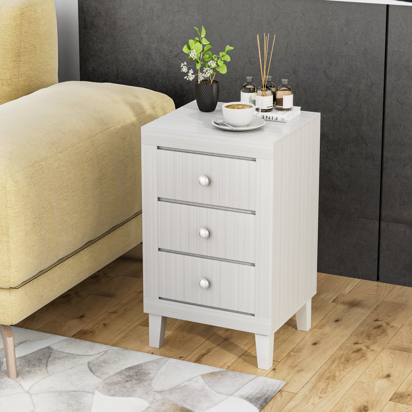 Modern Nightstand with 3 Drawers for Bedroom Living Room, White