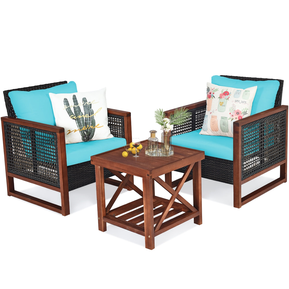 3 Piece Acacia Wood Patio Furniture Set, Coffee Table, Turquoise