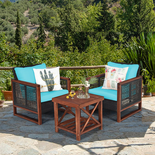 3 Piece Acacia Wood Patio Furniture Set, Coffee Table, Turquoise Patio Conversation Sets Turquoise at Gallery Canada
