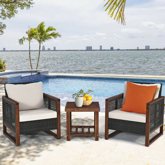 3 Pcs Patio Wicker Furniture Sofa Set with Wooden Frame and Cushion, Beige Patio Conversation Sets Beige at Gallery Canada