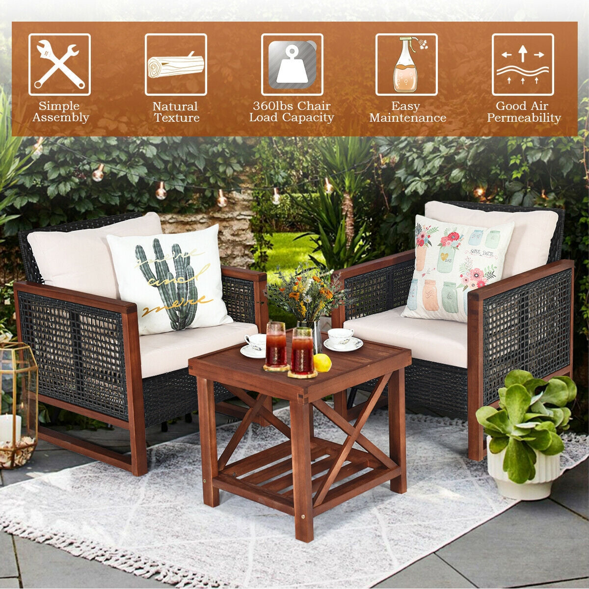 3 Pcs Patio Wicker Furniture Sofa Set with Wooden Frame and Cushion, Beige Patio Conversation Sets at Gallery Canada