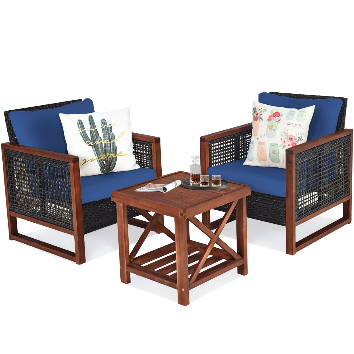 3 Pcs Patio Wicker Furniture Sofa Set with Wooden Frame and Cushion, Navy Patio Conversation Sets at Gallery Canada