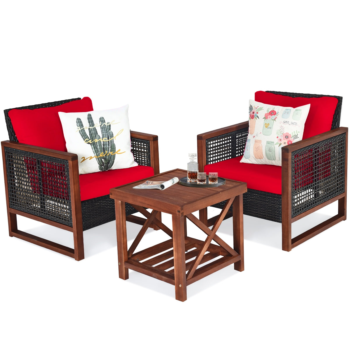 3 Pieces Acacia Wood Patio Furniture Set with Coffee Table, Red Patio Conversation Sets at Gallery Canada