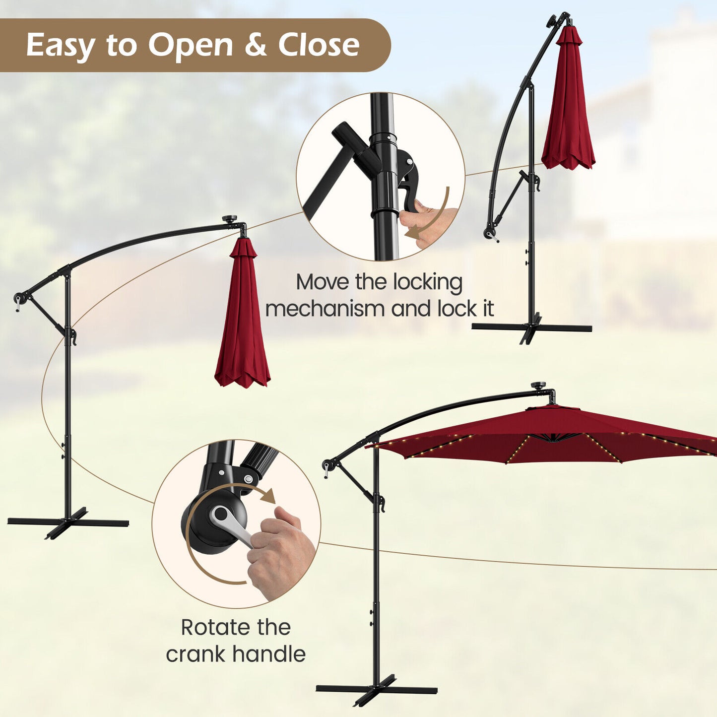 10 Feet Patio Offset Umbrella, 112 Solar LED Lights, Wine, Beige Outdoor Umbrellas at Gallery Canada