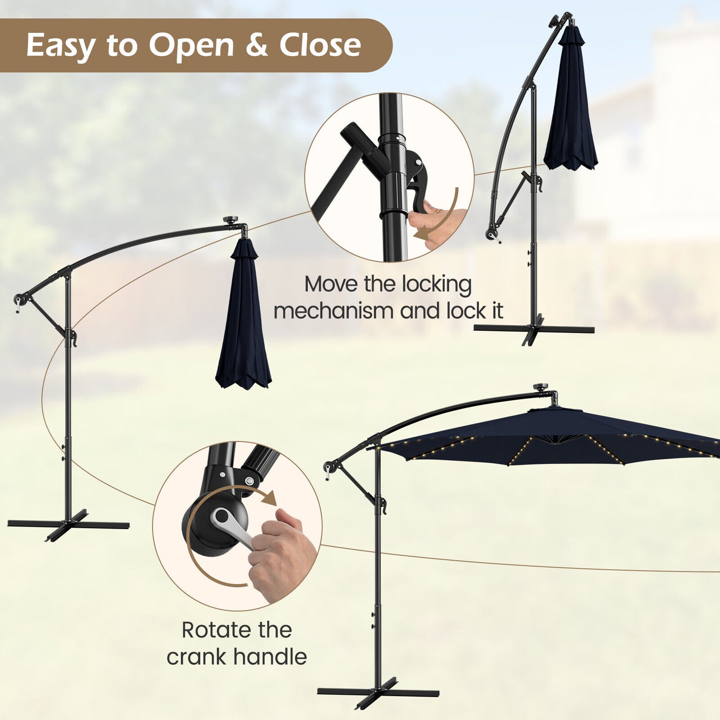 10 Feet Patio Offset Umbrella, 112 Solar LED Lights, Navy, Beige Outdoor Umbrellas at Gallery Canada