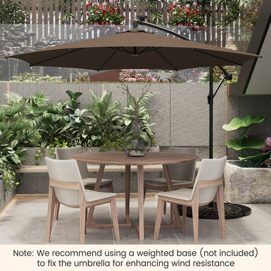 10 Feet Patio Offset Umbrella, 112 Solar LED Lights, Coffee, Beige Outdoor Umbrellas Coffee at Gallery Canada