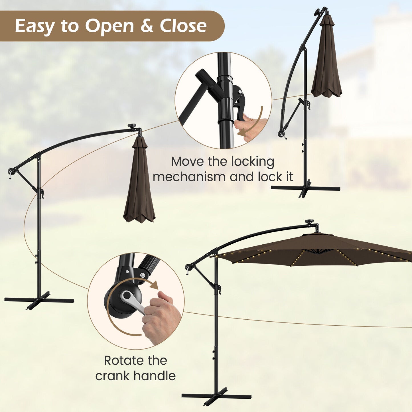 10 Feet Patio Offset Umbrella, 112 Solar LED Lights, Coffee, Beige Outdoor Umbrellas at Gallery Canada