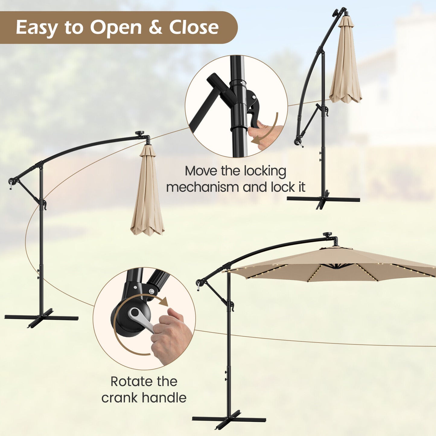 10 Feet Patio Offset Umbrella, 112 Solar LED Lights, Beige Outdoor Umbrellas at Gallery Canada