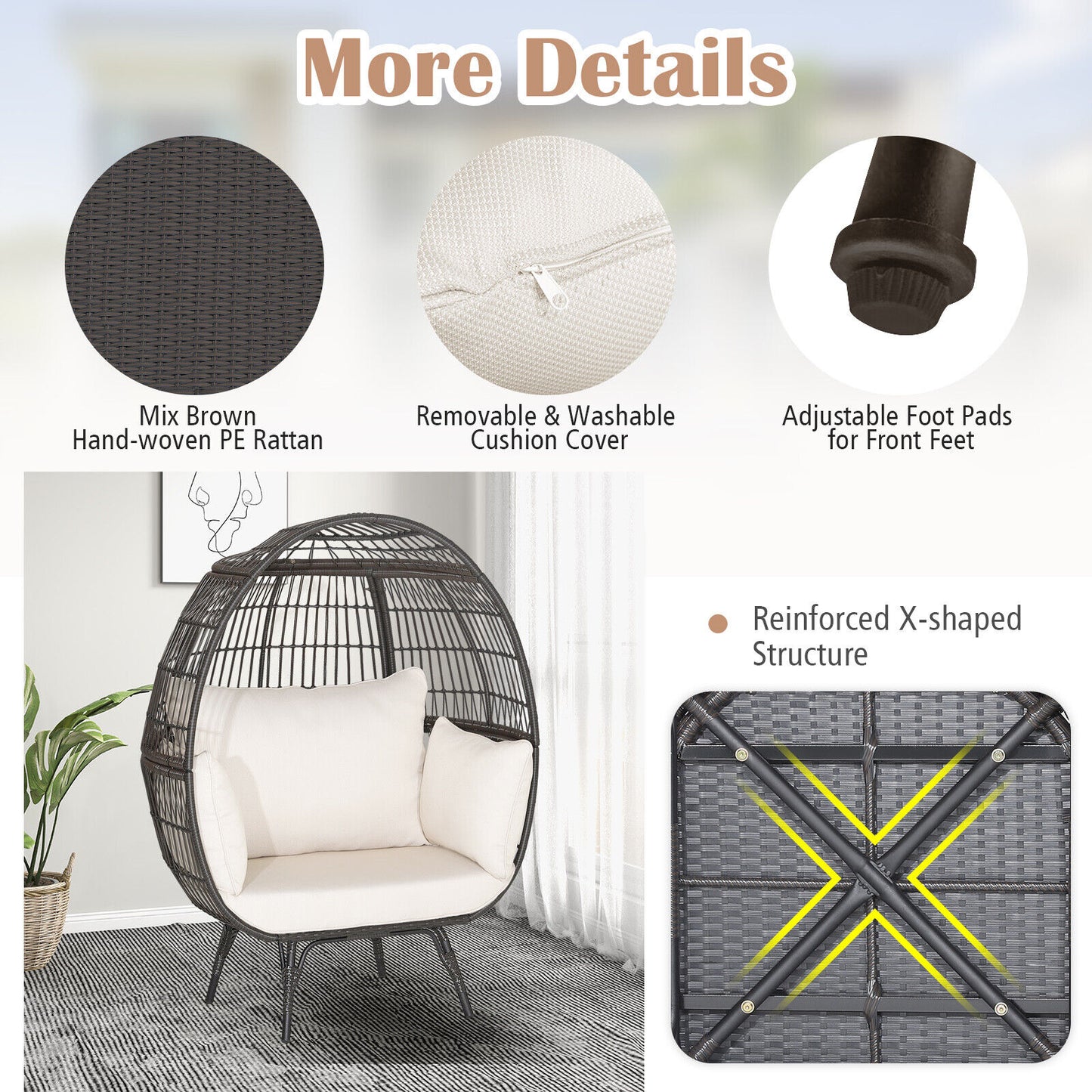 Oversized Rattan Egg Lounge Chair, 4 Cushions, Brown Outdoor Chaise Lounges at Gallery Canada