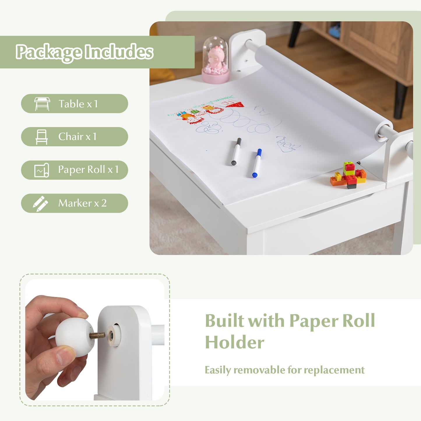 Wooden Kids Table and Chair Set with Storage and Paper Roll Holder, White Kids Table & Chair Sets at Gallery Canada