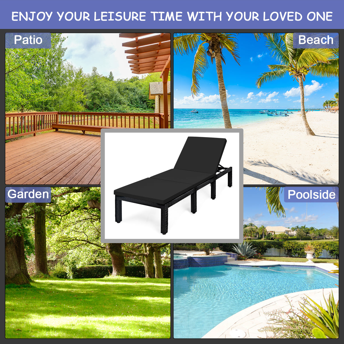 Patio Rattan Adjustable Lounge Chair, 2 Cushion Covers, Turquoise, Black Outdoor Chaise Lounges at Gallery Canada
