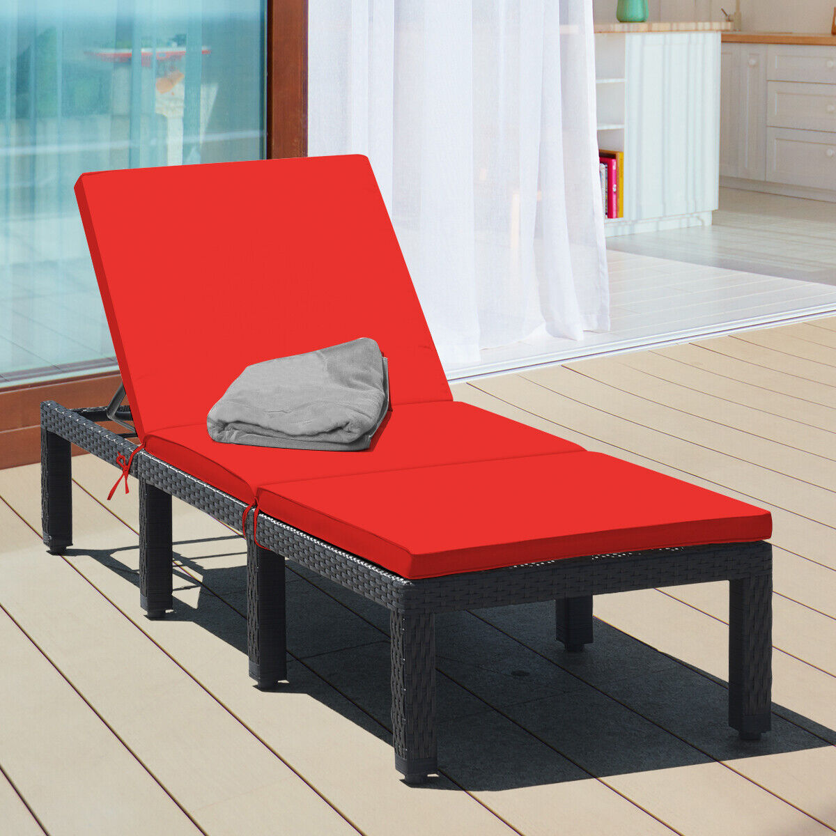 Patio Rattan Height Adjustable Lounge Chair with 2 Set of Cushion Cover, Red & Off White Outdoor Chaise Lounges at Gallery Canada