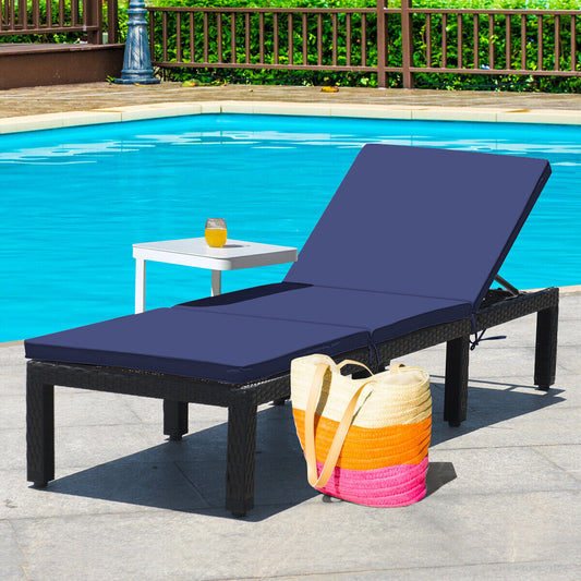 Rattan Adjustable Lounge Chair, 2 Cushion Covers, Off White, Navy Outdoor Chaise Lounges Navy & Off White at Gallery Canada