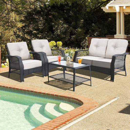 4 Piece Patio Wicker Furniture Set, Loveseat Sofa Coffee Table, Beige Patio Conversation Sets Beige at Gallery Canada
