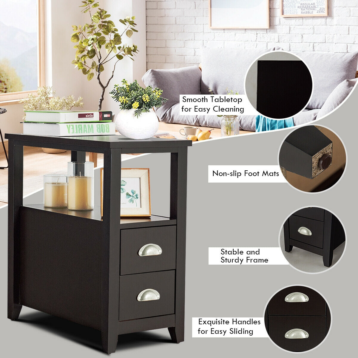 2 Drawer Wooden Nightstand Set, Dark Brown Nightstands at Gallery Canada