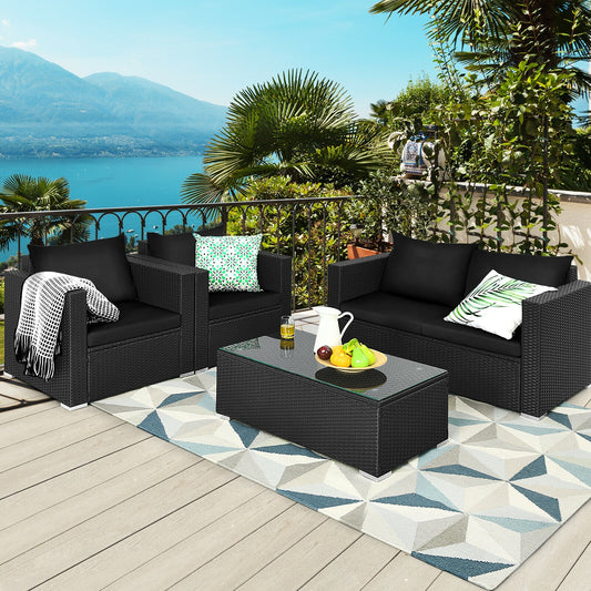 4 Pcs Patio Rattan Cushioned Furniture Set, Dark Black Patio Conversation Sets Black at Gallery Canada
