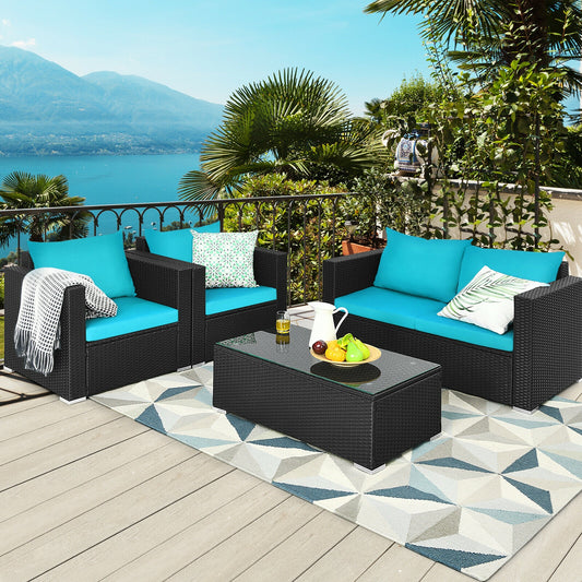 4Pcs Patio Rattan Cushioned Furniture Set, Turquoise Patio Conversation Sets Turquoise at Gallery Canada