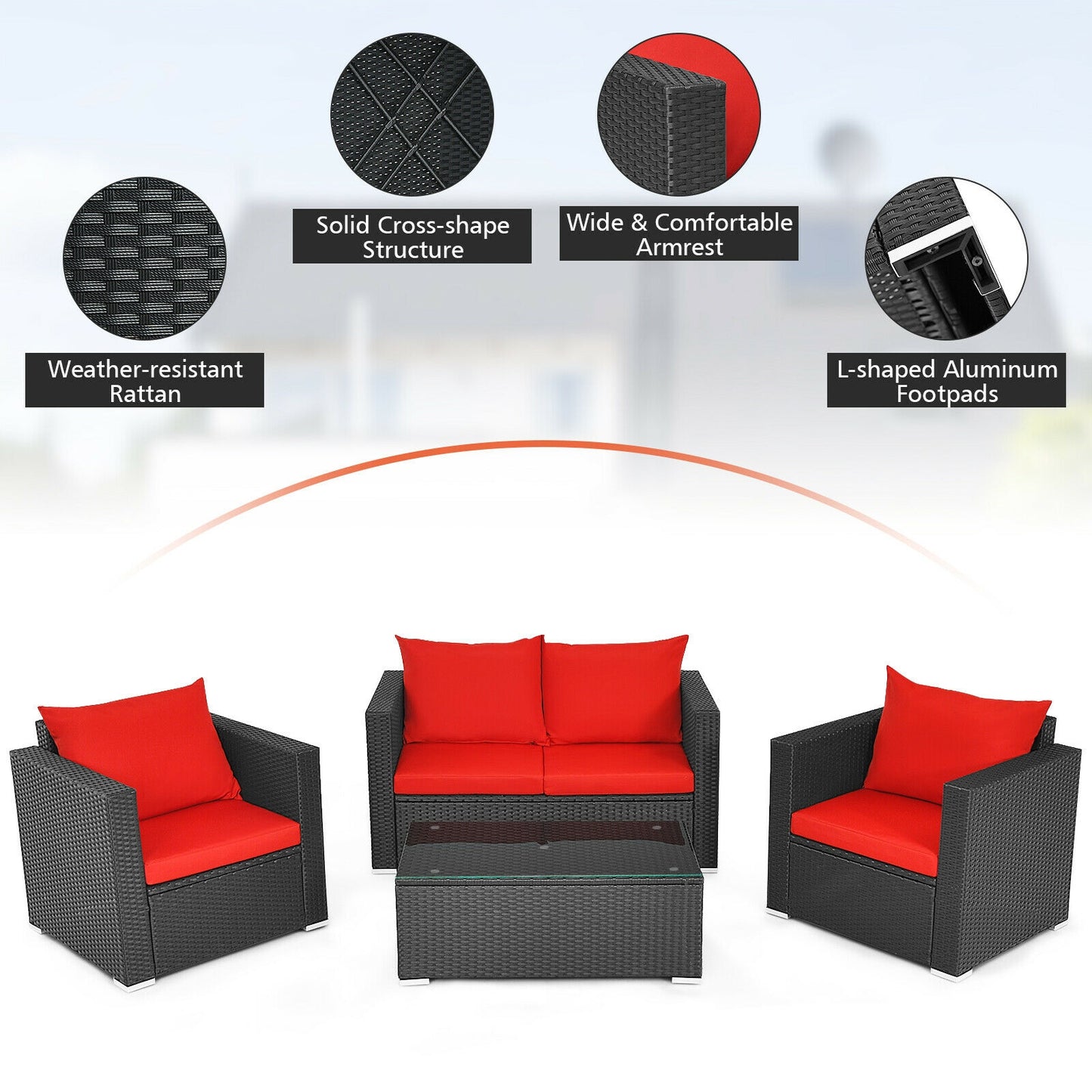 4Pcs Patio Rattan Cushioned Furniture Set, Red Patio Conversation Sets at Gallery Canada