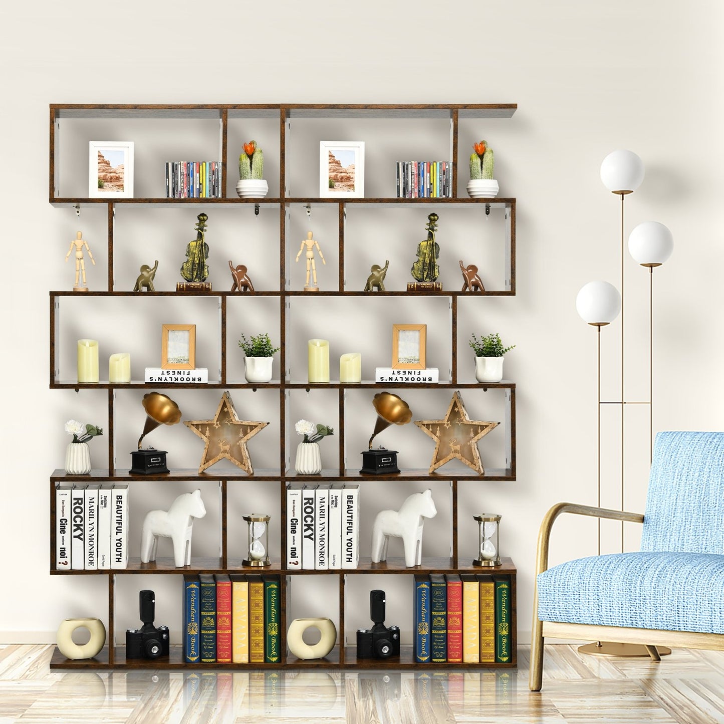 6 Tier S-Shaped Bookshelf Storage Display Bookcase Decor Z-Shelf , Brown at Gallery Canada