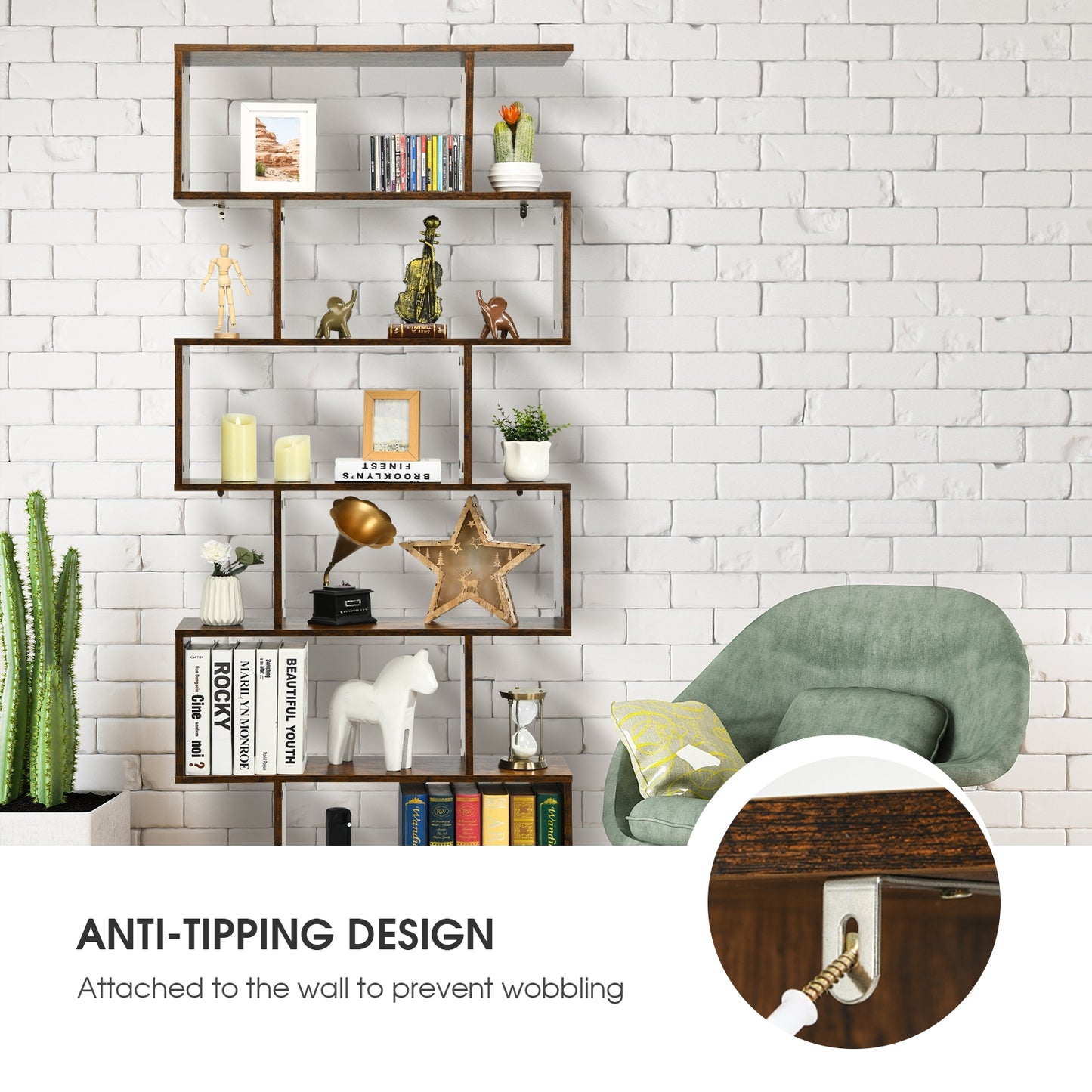6 Tier S-Shaped Bookshelf, Brown Bookcases at Gallery Canada