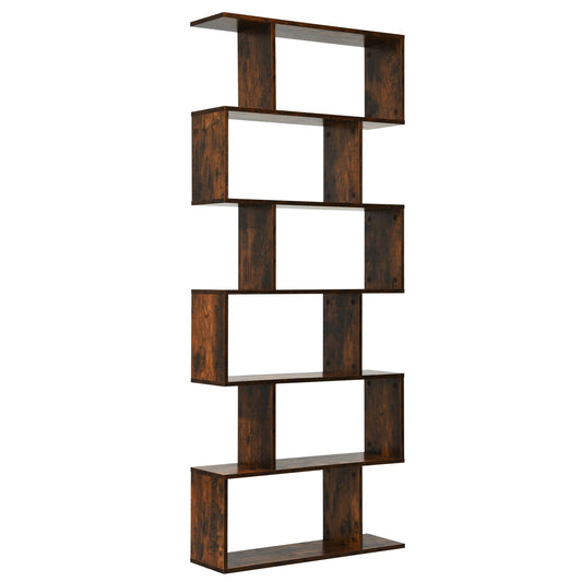 6 Tier S-Shaped Bookshelf Storage Display Bookcase Decor Z-Shelf , Brown
