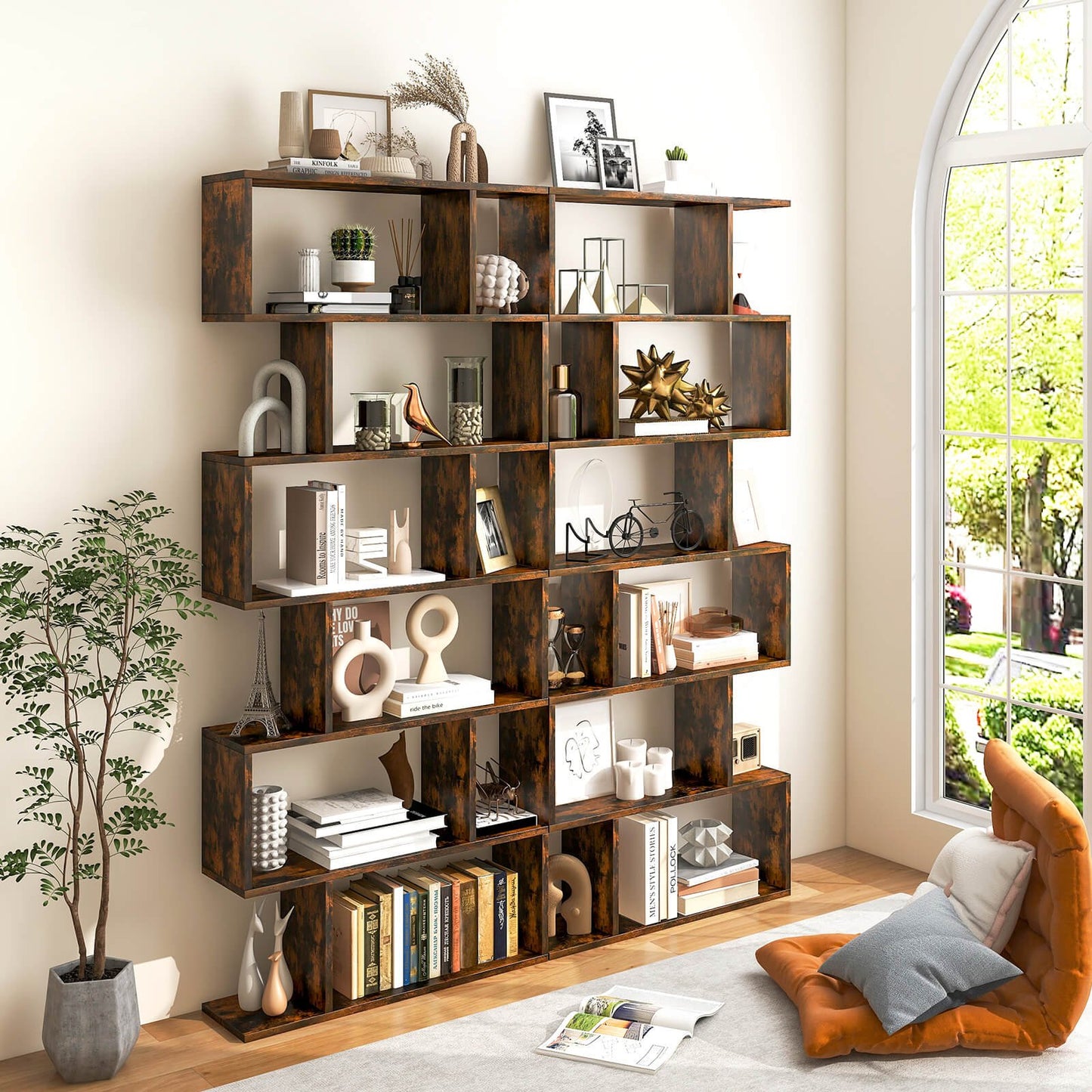 6 Tier S-Shaped Bookshelf Storage Display Bookcase Decor Z-Shelf , Brown