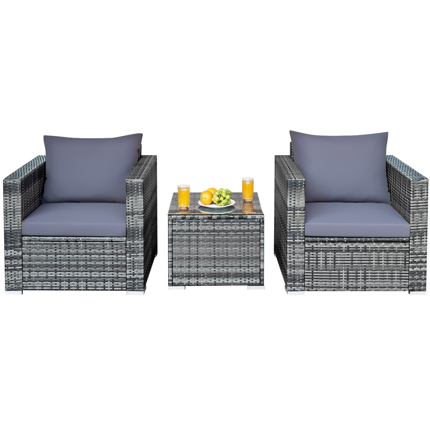3 Pieces Patio Rattan Furniture Bistro Sofa Set with Cushioned, Gray Patio Conversation Sets at Gallery Canada