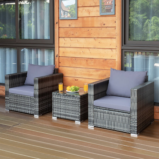 3 Piece Patio Rattan Bistro Sofa Set, Cushioned, Gray