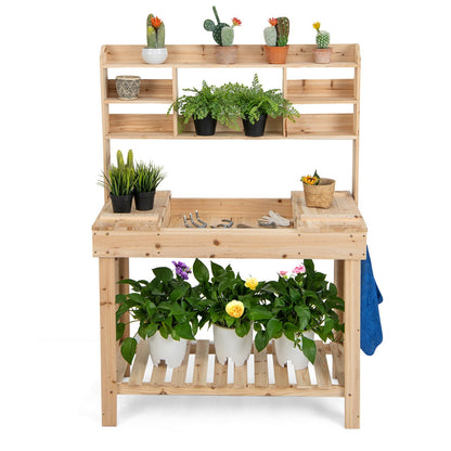 Large Garden Potting Bench Table with Display Rack and Hidden Sink, Natural