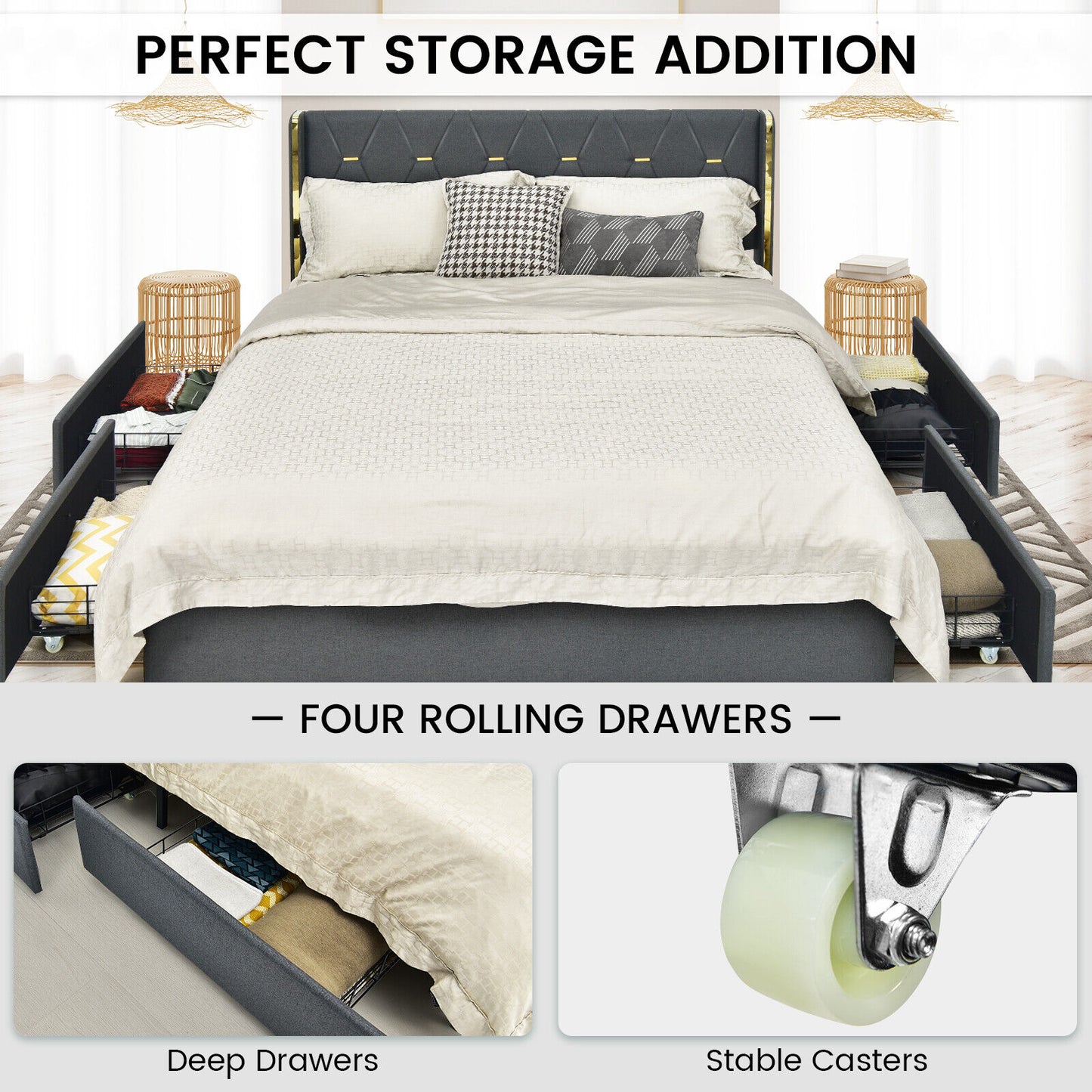 Full Queen Size Upholstered Bed Frame, 4 Storage Drawers, Black Simple Bed Frame at Gallery Canada