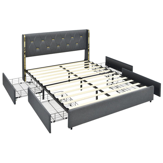 Full/Queen Size Upholstered Bed Frame with 4 Storage Drawers-Full Size, Black