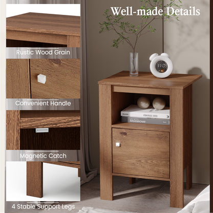 Compact Floor Farmhouse Nightstand with Open Shelf and Cabinet, Rustic Brown