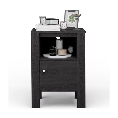 Compact Floor Farmhouse Nightstand with Open Shelf and Cabinet, Dark Gray
