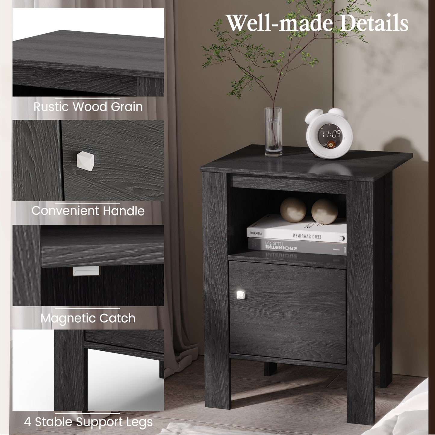 Compact Floor Farmhouse Nightstand with Open Shelf and Cabinet, Dark Gray