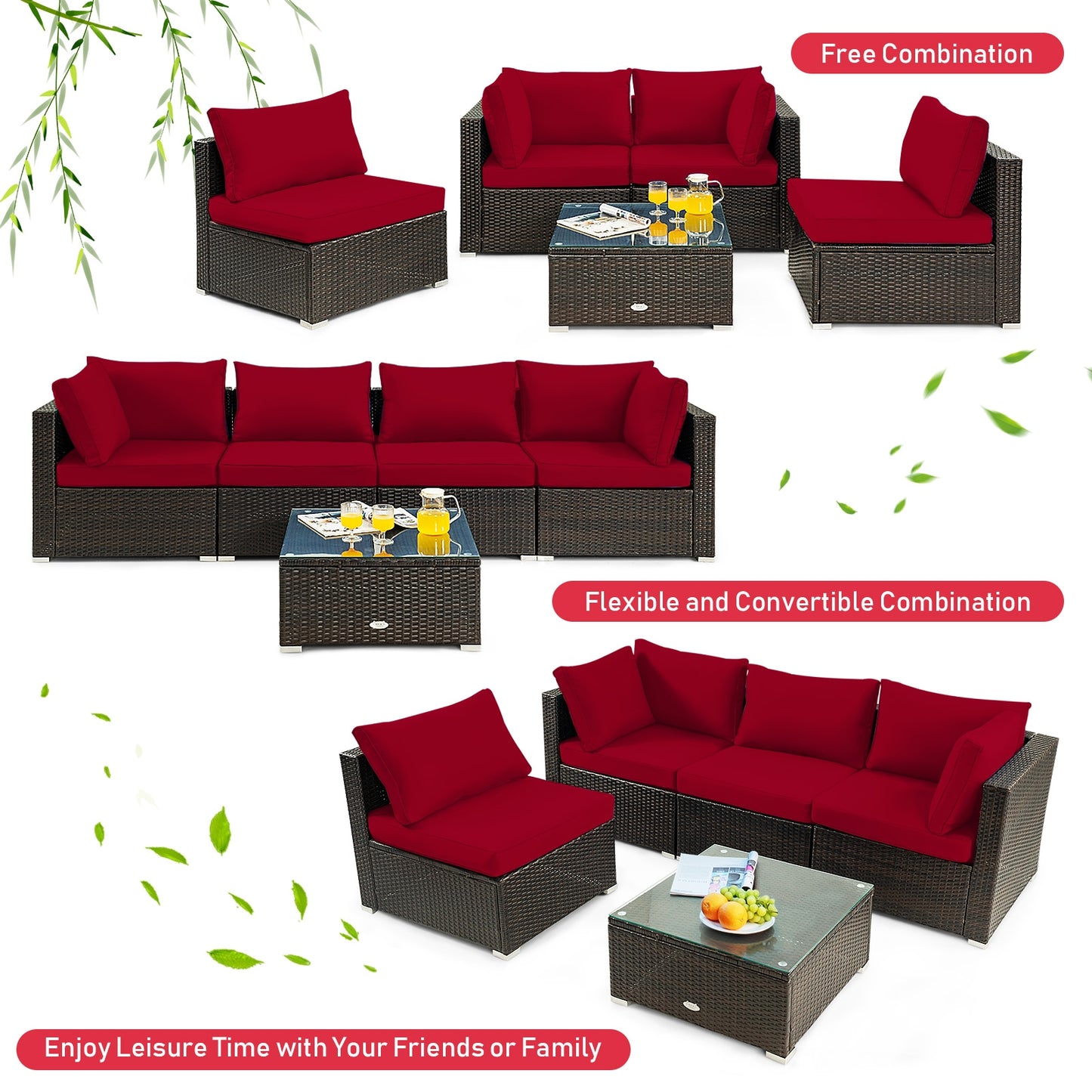 5 Piece Cushioned Patio Rattan Furniture Set, Glass Table, Red