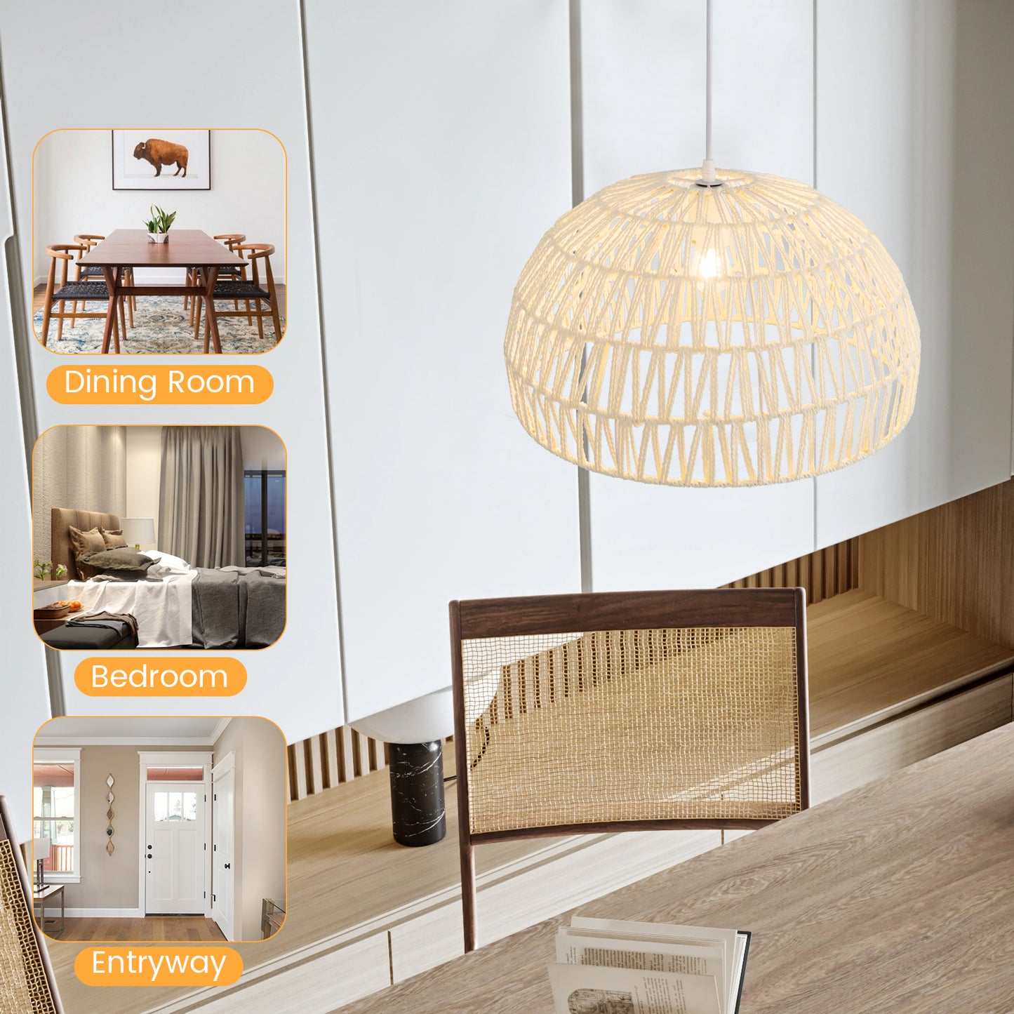 Farmhouse Rattan Pendant Light, Adjustable Hanging Rope, Beige Ceiling Lights at Gallery Canada