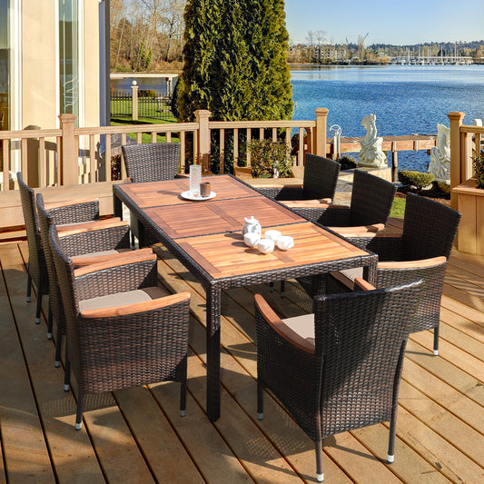 9 Piece Rattan Dining Set, Acacia Wood Table, Stackable Cushioned Chairs Patio Dining Sets Options at Gallery Canada