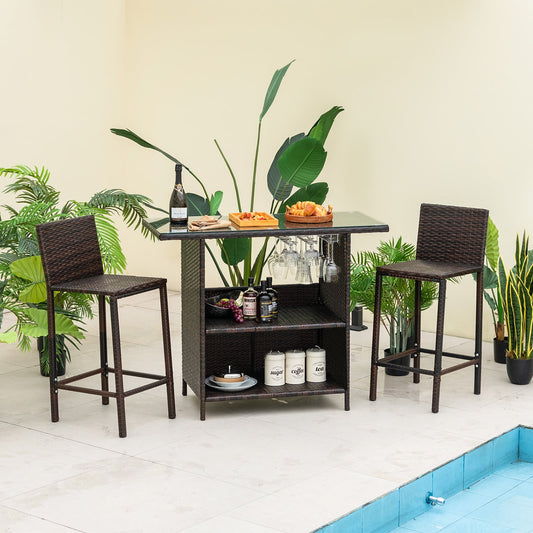 3-Piece Outdoor Wicker Bar Set, Brown Patio Bar Furniture Brown at Gallery Canada