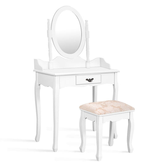 Wooden Vanity Makeup Set with Cushioned Stool and Oval Rotating Mirror, White