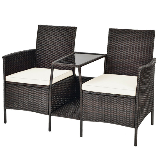Patio Rattan Wicker Conversation Set Sofa Cushioned Loveseat Glass Table, Off White at Gallery Canada