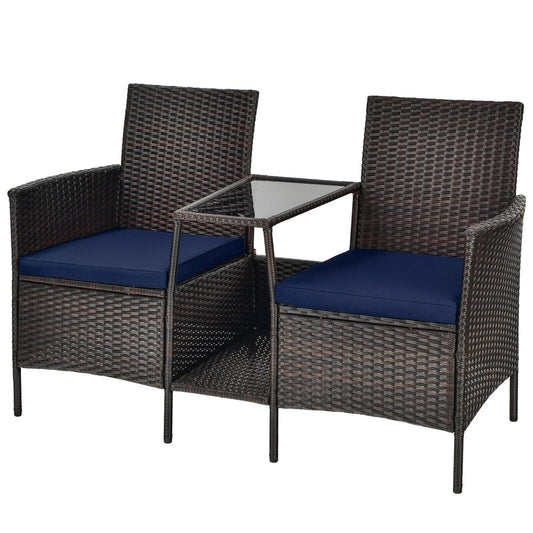 Patio Rattan Wicker Conversation Set Sofa Cushioned Loveseat Glass Table, Navy at Gallery Canada