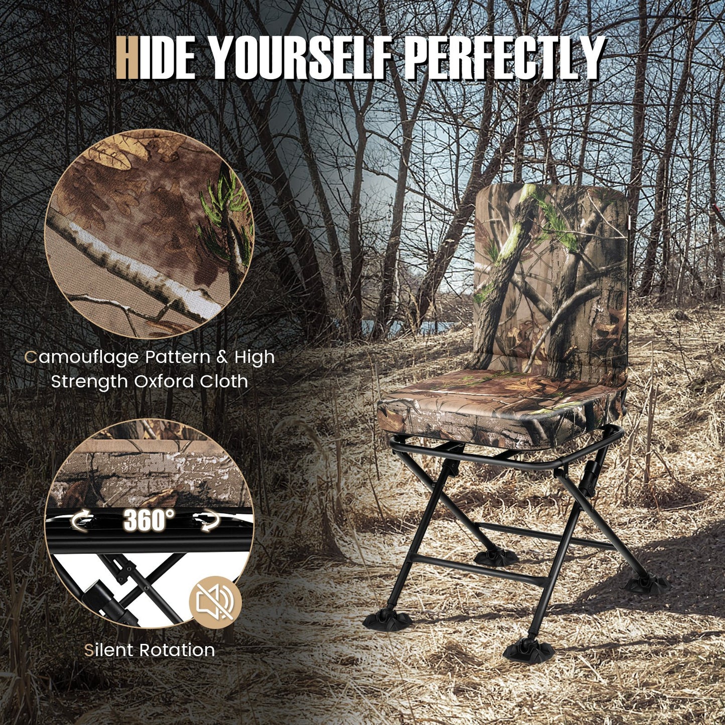 Swivel Folding Chair with Backrest and Padded Cushion, Camouflage