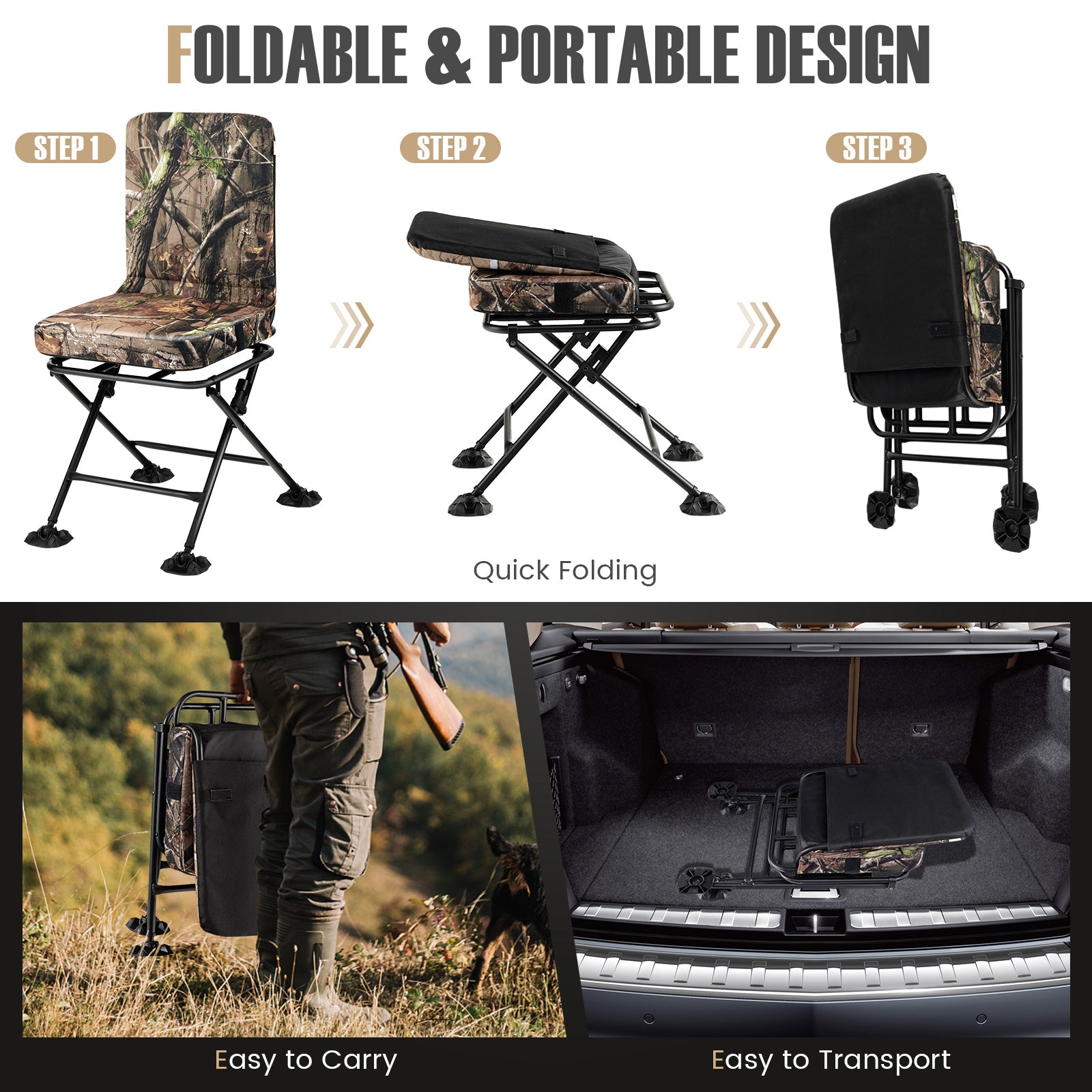 Swivel Folding Chair with Backrest and Padded Cushion, Camouflage Camping Furniture at Gallery Canada